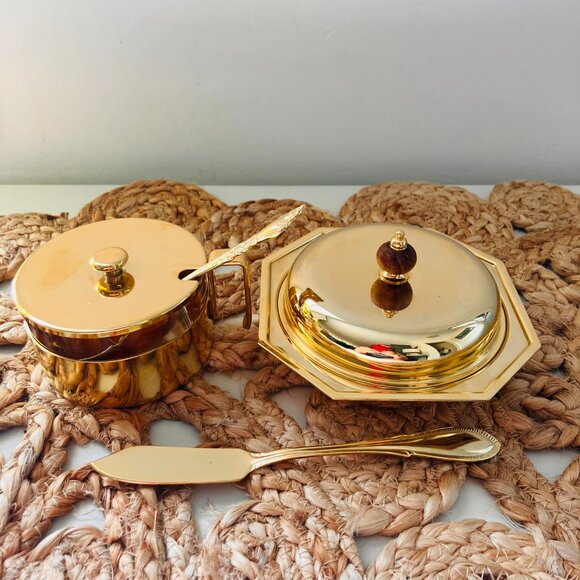 Vintage Made In Italy Gold Plated Brass Covered Butter Dish and Jam Pot - Picture 2 of 12